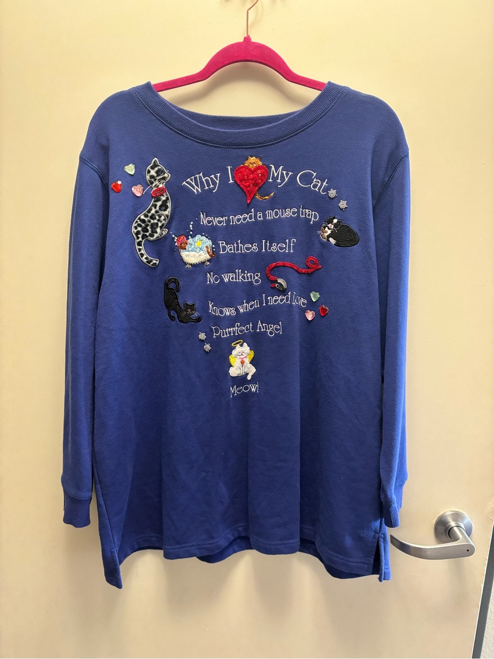 Quacker Factory Royal Blue Cat Embroidered Sweatshirt